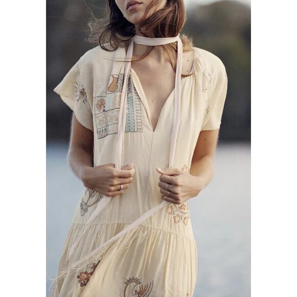 Zara Embroidered Dress Limited Edition Vanilla Beige Yellow Large 7521/059 - Picture 2 of 11